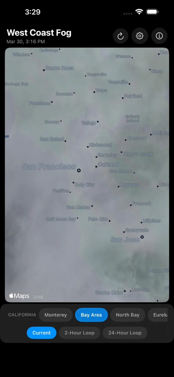 West Coast Fog app — satellite imagery view